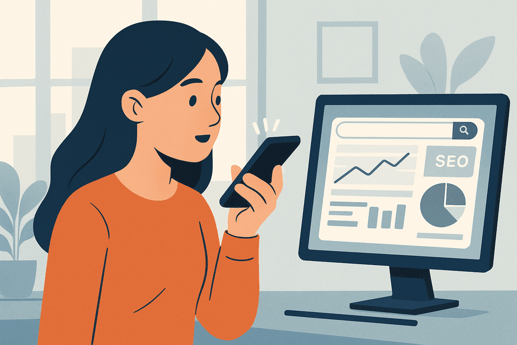一位女性正在使用手機，螢幕上顯示著網站經營的數據分析圖表，包括SEO指標和趨勢圖，背景是明亮的室內環境，展示了人工智能在網站架設和網頁設計中的應用。