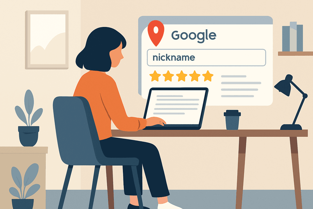 一位女性坐在書桌前，專心於她的筆記型電腦，螢幕上顯示著Google的搜尋結果，包含評價星星，這顯示出人工智慧在網站經營中所扮演的角色。