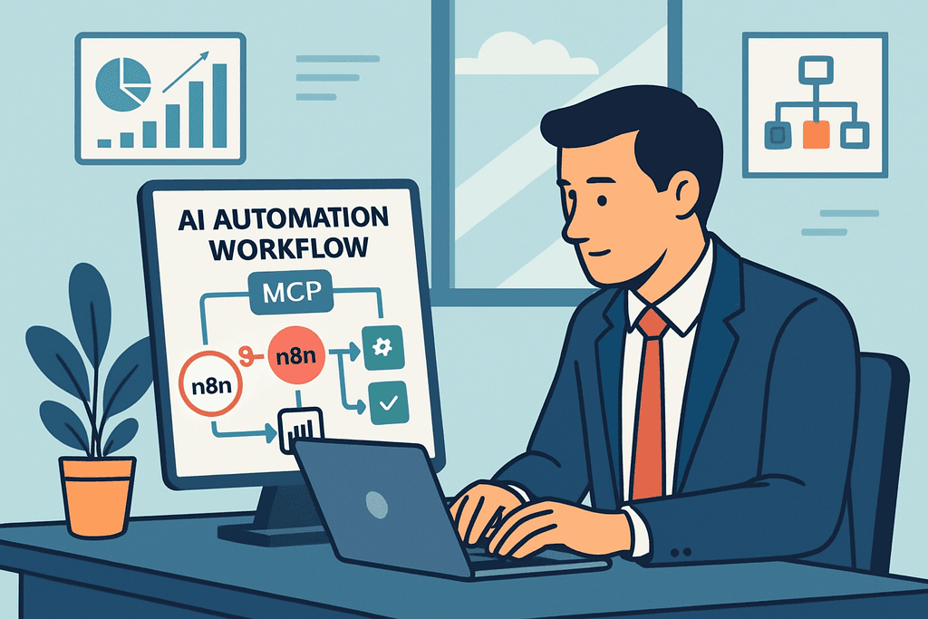 一名穿著西裝的男性坐在辦公室裡，專注於電腦屏幕，屏幕上顯示了“AI 自動化工作流程”的圖示，旁邊有一棵綠色的植物，背景是具有工作報告的圖表，展現了網站經營中如何利用人工智慧來提升效率。