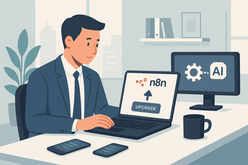 這張圖片顯示一位男士坐在辦公室裡，專注地使用筆記型電腦進行AI相關的網站經營作業。桌上有幾部手機和一杯咖啡，背景中有植物與書架，展現出一個現代化的工作環境。