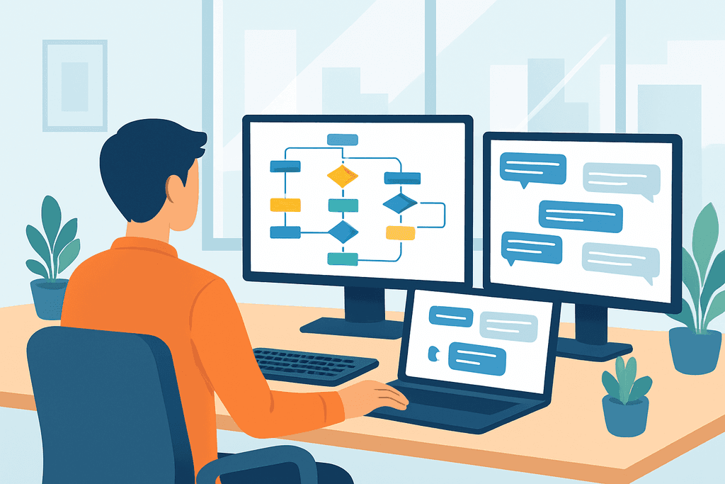 一位男性正坐在桌前，使用筆記型電腦，顯示器上呈現出網站架設的流程圖，另一個螢幕則顯示著與客戶的對話訊息，強調人工智慧在網站經營中的應用。
