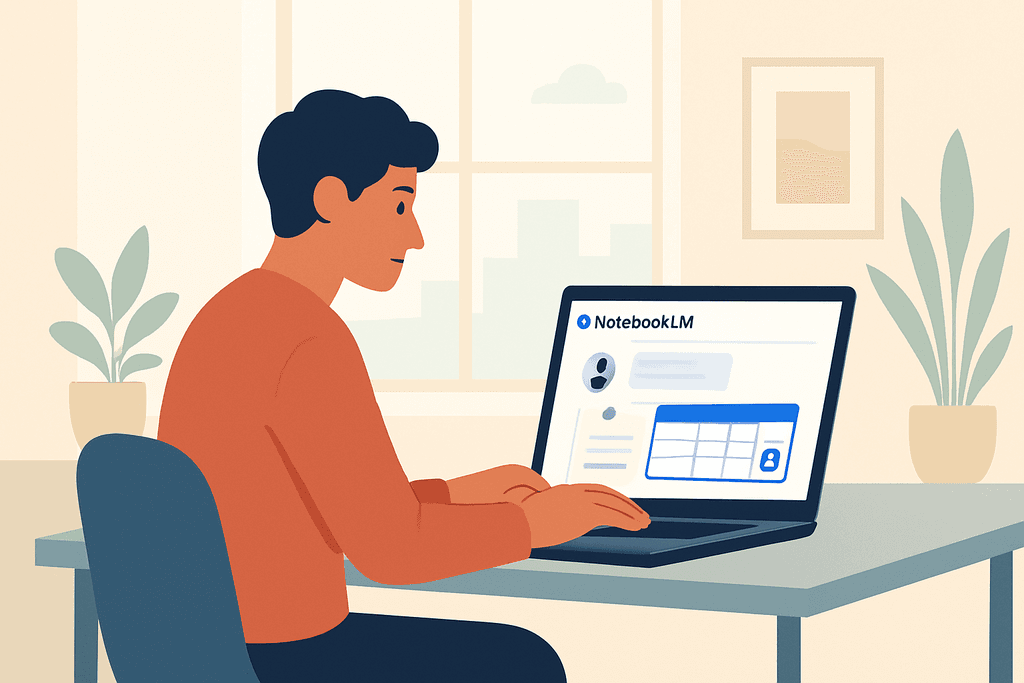 一位年輕男性正坐在桌前，專注於他的筆記型電腦，畫面上顯示「NotebookLM」的界面，顯示著網站經營的資訊及網頁設計的元素，背景有明亮的窗戶和綠色植物，營造出舒適的工作環境。