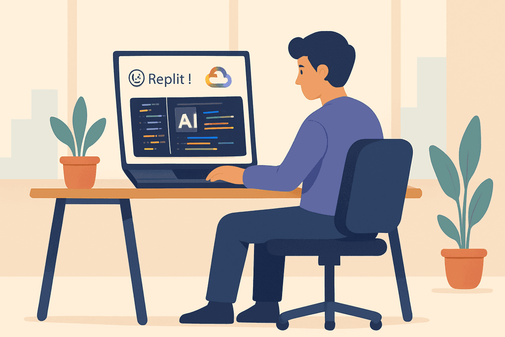 這張圖片展示了一位年輕男性坐在桌前，正在使用電腦進行人工智慧相關的網站設計和程式編寫。他的螢幕上顯示著包含AI標誌的程式碼界面，桌上還有一盆綠色植物，周圍的環境顯得現代又舒適。