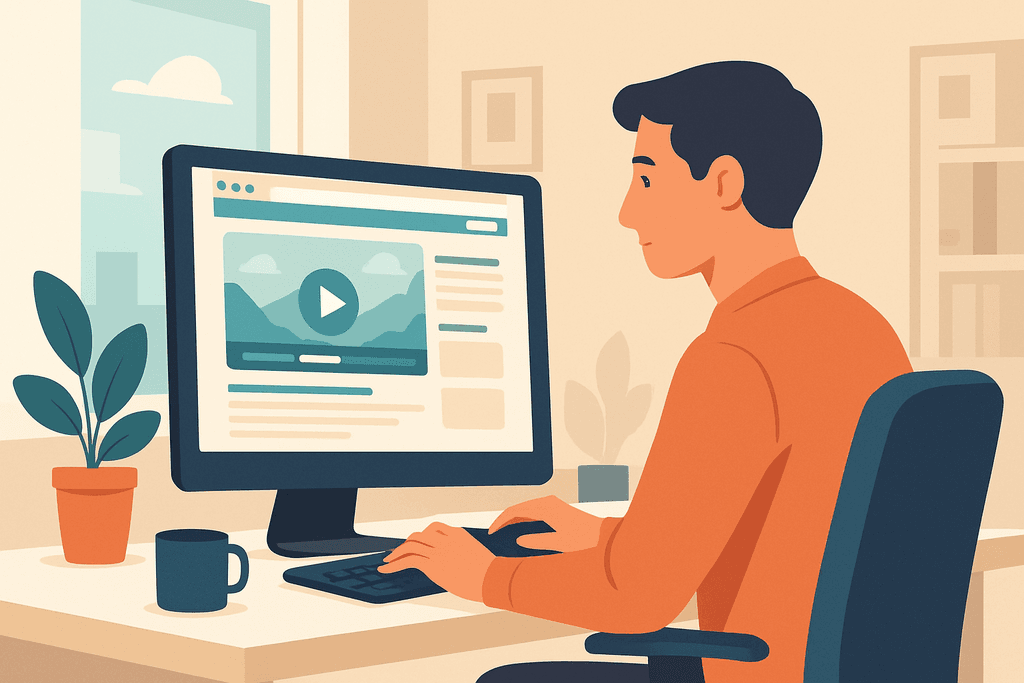 這張圖片顯示一位男性正在使用電腦進行網站經營，螢幕上顯示著包含影片的網頁設計，周圍環境則有綠色植物和咖啡杯，展現出一個舒適的工作空間，適合進行人工智慧相關的網站架設工作。