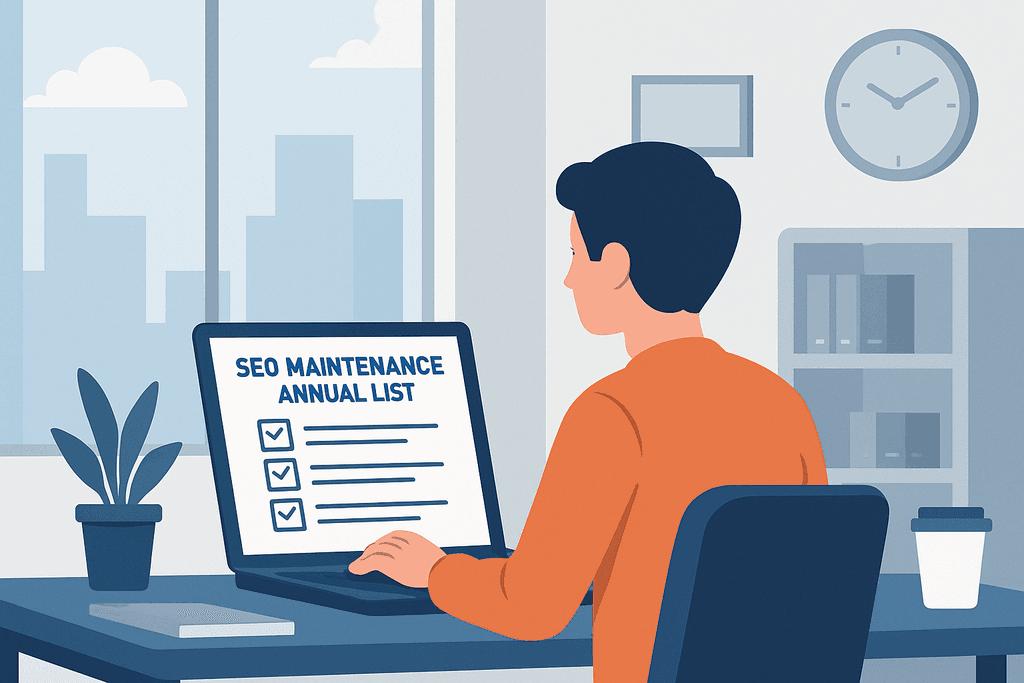 一名穿著橘色上衣的男子坐在辦公桌前，專注於電腦螢幕上的「SEO維護年度清單」，顯示出網站經營的重點。他的桌上擺放著一盆植物，背景可見城市天際線和牆上的時鐘，展現現代化的工作環境。
