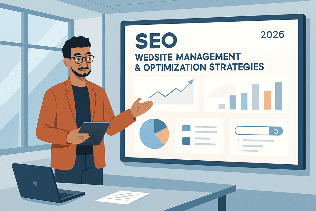 在一間現代化辦公室內，一位男性正在展示最新的網站管理與優化策略。他手持平板，面對螢幕上的數據圖表，強調人工智慧在網站架設中的重要性，展現出對人工智能的深入了解。