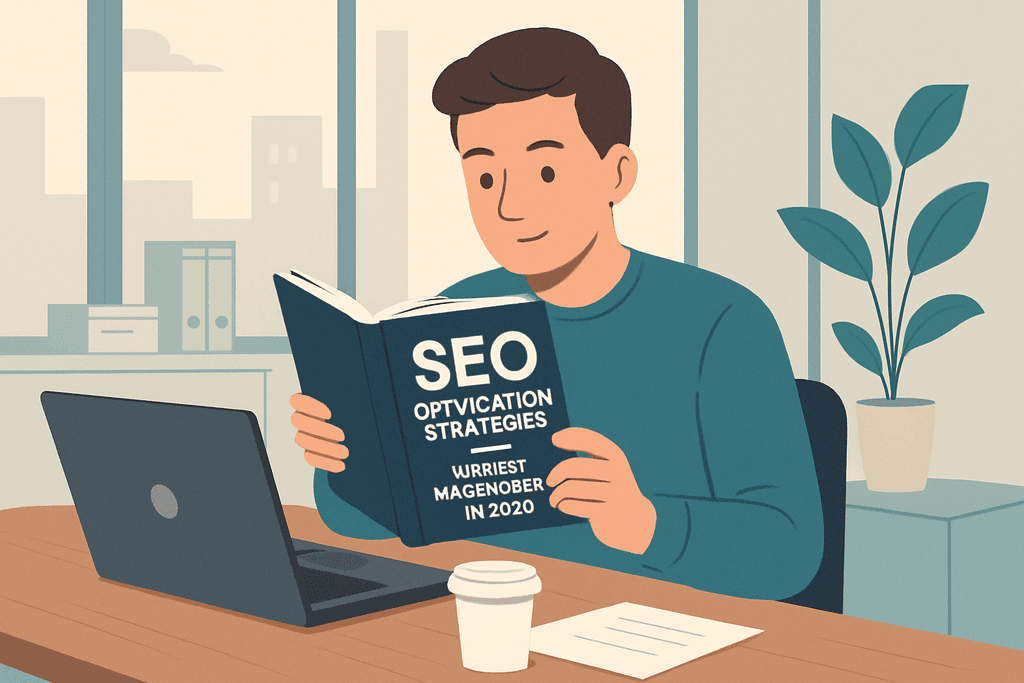 一位男士坐在桌前，專心閱讀一本有關SEO優化策略的書籍，旁邊有筆記本和咖啡，顯示他在進行網站經營及人工智慧相關學習，背景有窗戶及植物，營造出輕鬆的工作氛圍。