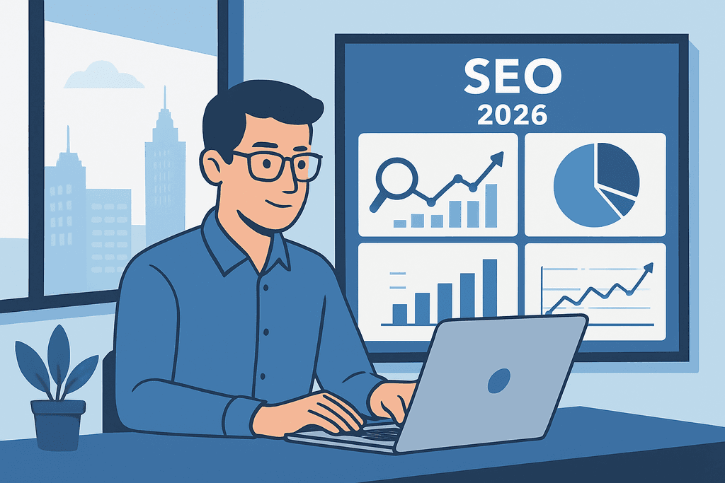 這張圖片展示一位男士在辦公室裡使用電腦進行網站經營，他正在分析顯示SEO數據及趨勢的圖表。桌子上有一盆植物，背景可見城市天際線，帶出現代辦公室的氛圍。