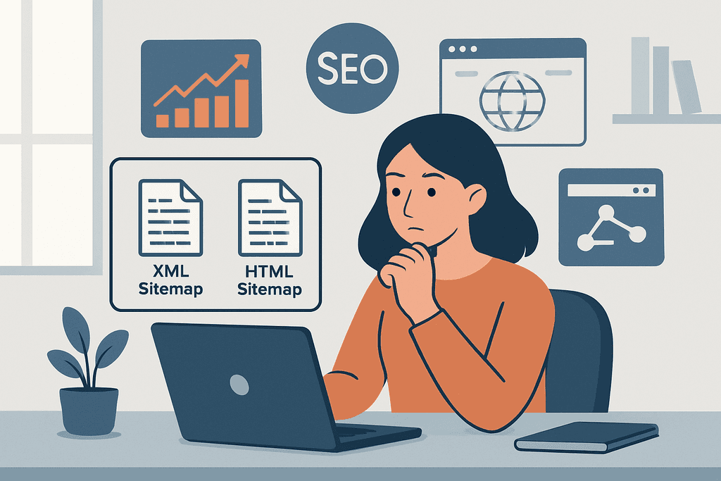一位女性正在思考網站經營，螢幕上顯示XML和HTML網站地圖的選項，後方牆面上有SEO指標與網頁設計元素，展現了人工智慧在網站架設中的應用。