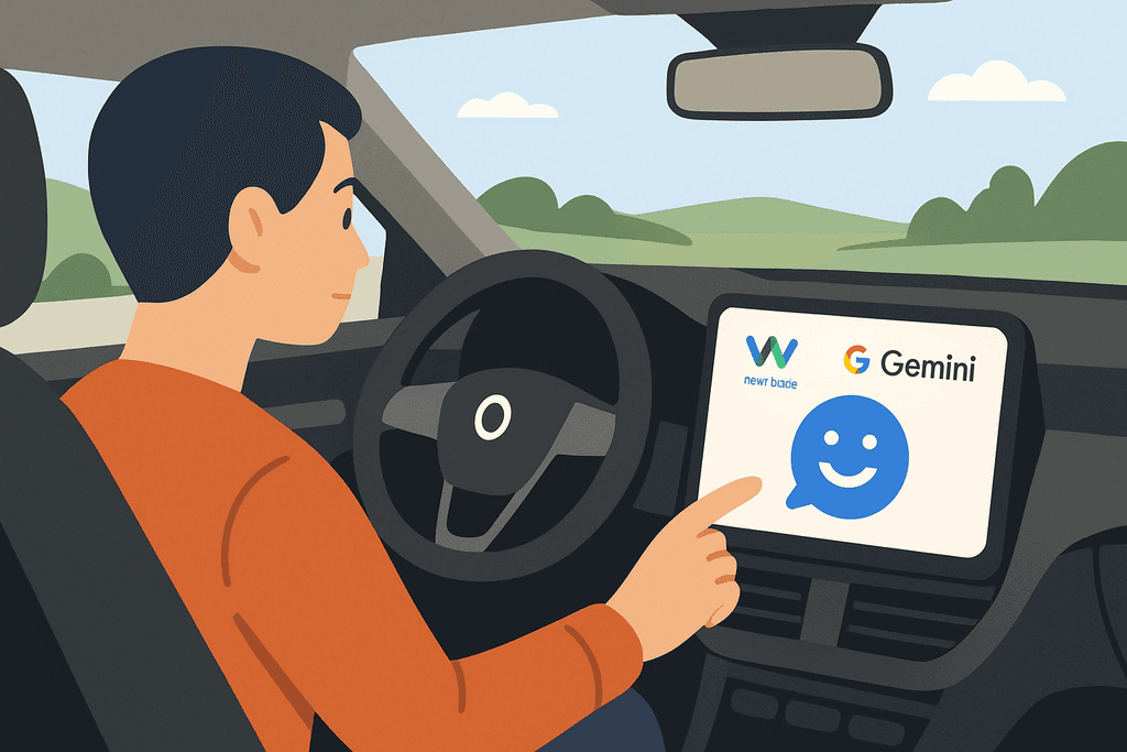 在駕駛座上，一名男子正專注於車內的螢幕，螢幕上顯示著 AI 相關的應用程序標誌，展現出人工智能如何改變汽車互動的方式。