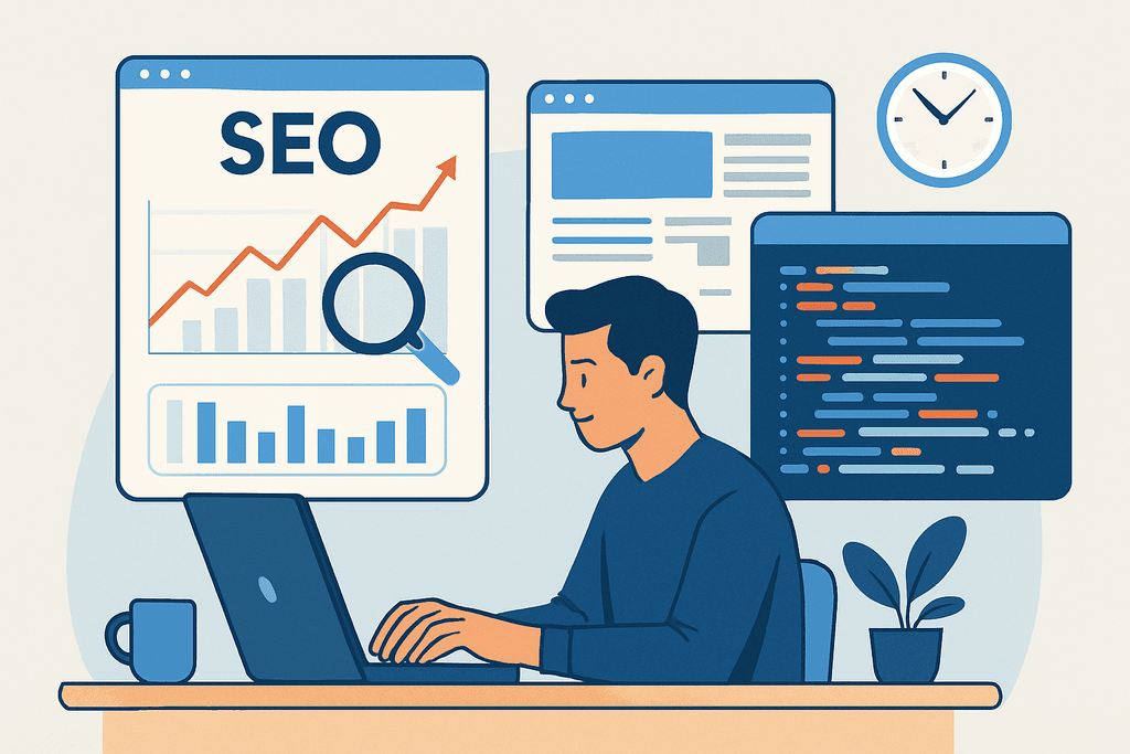 一名男士坐在桌前，專注於他的筆記型電腦，螢幕上展示著SEO數據分析的圖表，顯示增長趨勢示意。桌面上有一杯咖啡和一盆綠植，周圍的畫面顯示著與網站經營、設計和AI技術相關的資訊。