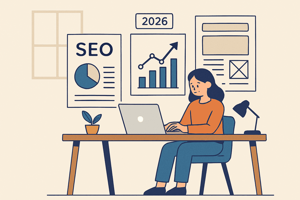 這張圖片展示了一位女性正在辦公桌前運用筆記型電腦進行網站經營，桌上有一盆植物，牆上貼著與SEO和未來規劃相關的圖表，展現出網站架設和網頁設計的專業環境。