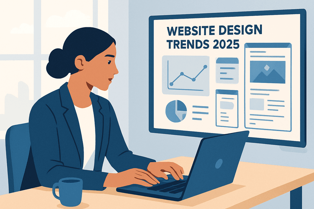 一位女性專業人士坐在辦公桌前，專注於筆記型電腦，螢幕上顯示著即將到來的網站設計趨勢2025的視覺化數據，旁邊還有一杯咖啡，展現出網站經營的專業氛圍，彰顯人工智能在網站架設上的應用。