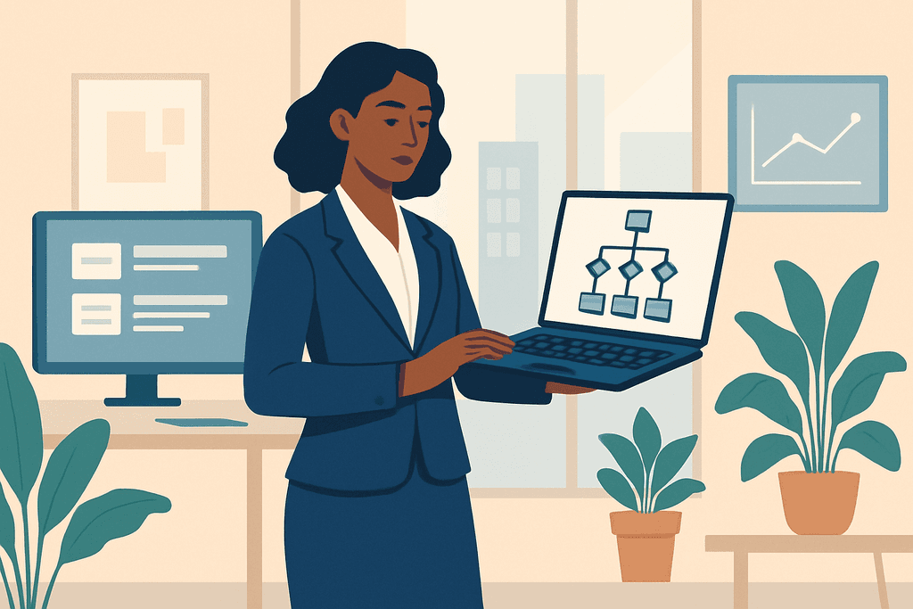 這張圖片展示了一位穿著正式的女性在辦公室環境中，專注地拿著一台筆記型電腦，屏幕上顯示著網站架設的流程圖，背景有電腦螢幕和綠植，強調人工智能與網站設計的結合。