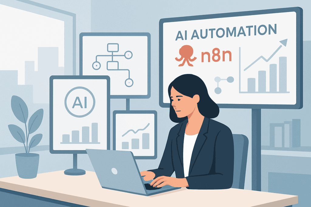 這張圖片展示了一位女性專業人士在辦公室內使用筆記型電腦，背景中有多個顯示器顯示人工智慧、AI自動化以及數據圖表，所有元素都與網站經營、網站架設及網頁設計息息相關。