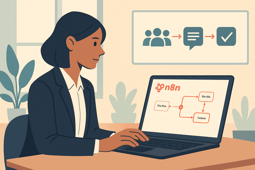 一位女性專業人士坐在桌前，專心使用筆記型電腦。辦公室裡有綠色植物，背景顯示出一個關於人工智慧的過程圖，強調溝通和任務管理，相關於網頁設計的網站經營。