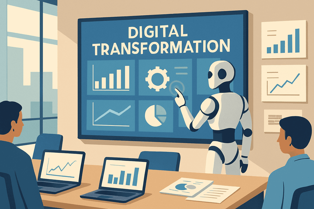 圖片展示一位人工智慧機器人在會議室中，正在觸碰顯示數據的螢幕，周圍有幾位專注的參與者，這一幕彰顯出人工智能在網站經營與數據分析中的重要性。