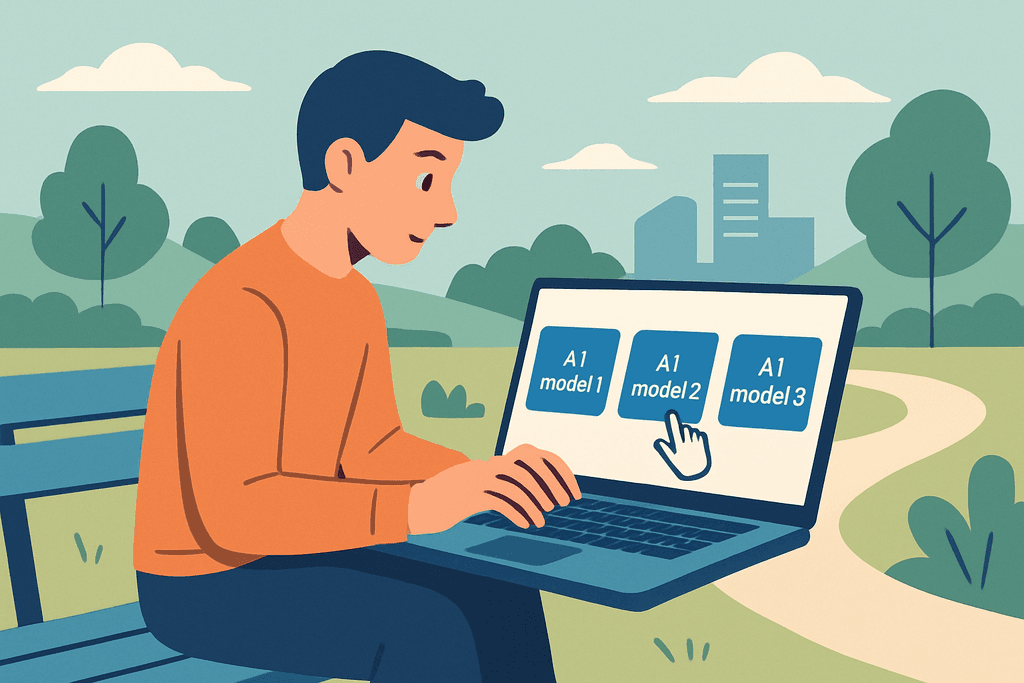 一位男子坐在公園的長椅上，專注地使用筆記型電腦，畫面顯示三個不同的人工智慧模型選項，這讓他能選擇適合網站經營的最佳方案，展現出人工智能在網站架設和網頁設計中的應用。