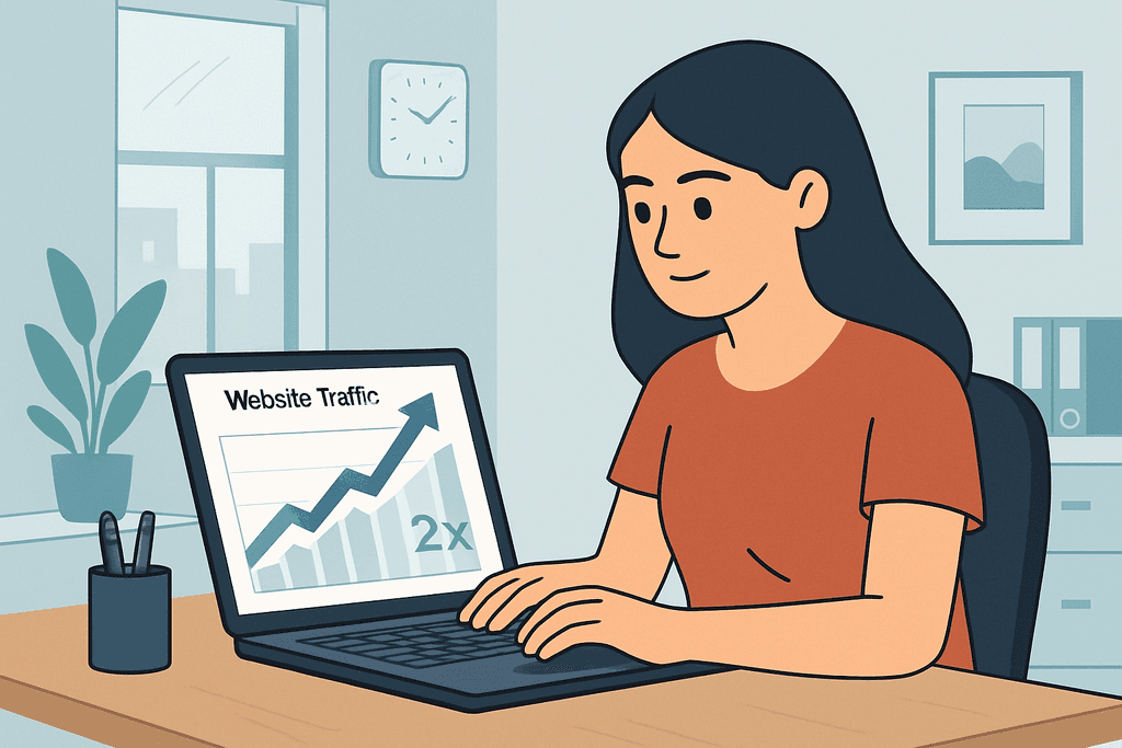 一位女性坐在辦公桌前，專心研究電腦螢幕上的網站流量圖表，顯示流量上升的趨勢，這反映了人工智慧在網站經營上的應用與效果。