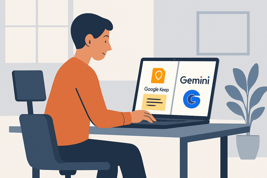 一名男性坐在辦公桌前，專注地使用筆記型電腦，螢幕上顯示著Google Keep和Gemini兩個應用程式的圖示，適合進行網站經營和網頁設計。