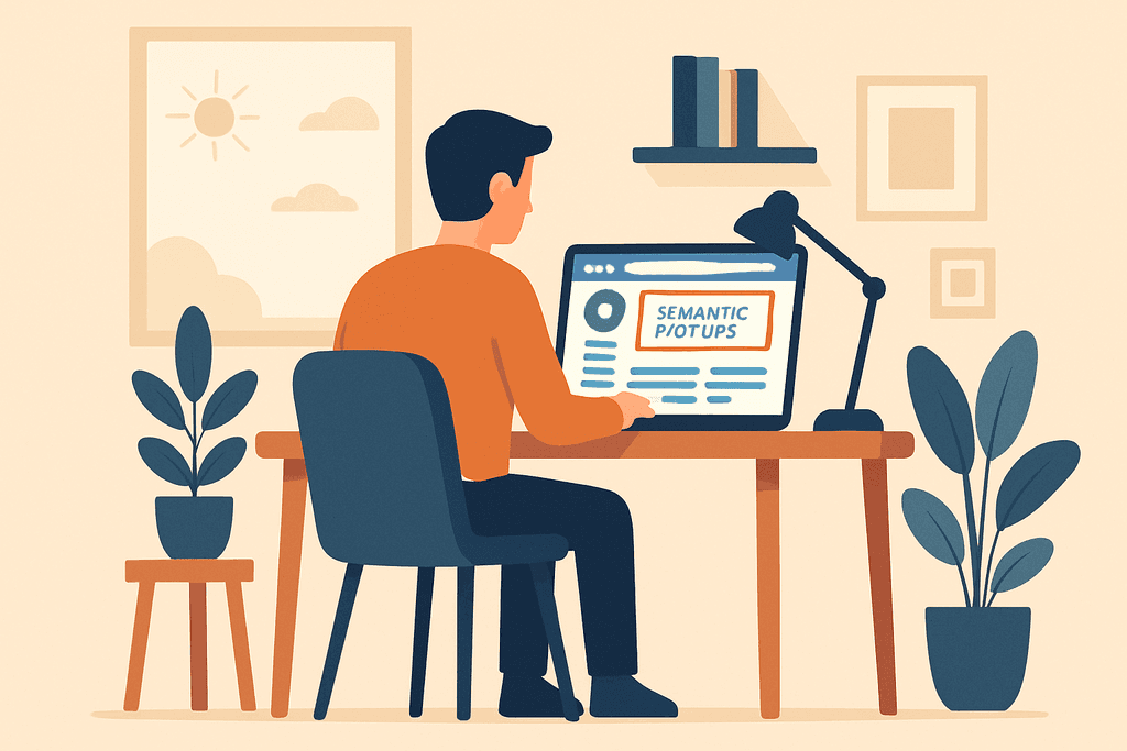 一名男士坐在桌前，專心地使用電腦進行網站設計，螢幕上顯示著「SEMANTIC OUTPUTS」的文字，桌上擺放著盆栽，室內光線明亮，背景展現出舒適的工作環境，強調人工智慧在網站經營中的應用。