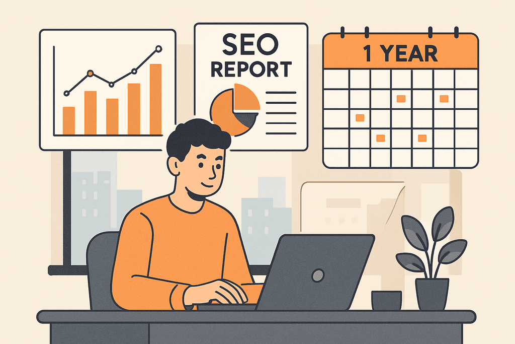 這張圖片展示了一名男性正在使用筆記型電腦，前方有顯示著網頁設計數據的SEO報告與圖表，背景還有一個標記著1年的日曆，突顯了人工智慧在網站經營中的重要性。