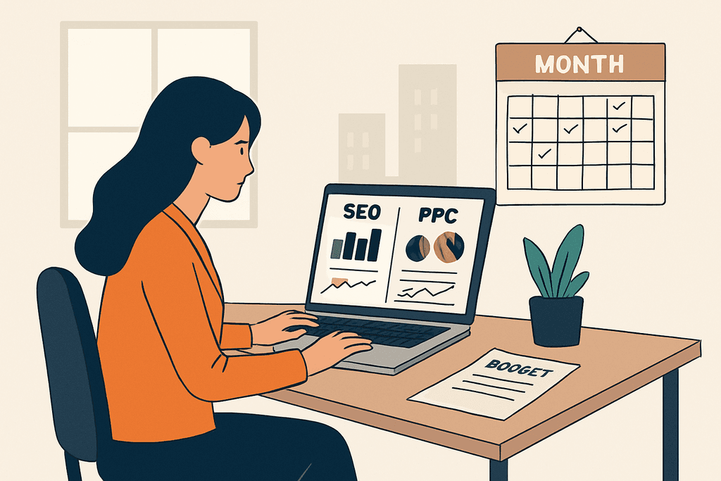 在一間現代化的辦公室，女性專業人士專心於筆記型電腦上的SEO與PPC報告，桌上還有預算表和綠色植物，展現了她專注於人工智慧與網站經營的情景。