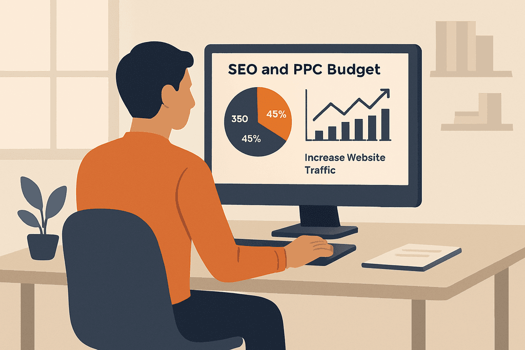 一名男性坐在辦公桌前，專注地看著電腦螢幕，螢幕上顯示著「SEO與PPC預算」的圖表，包含網站流量增長的數據和趨勢，背景有綠色植物，營造出舒適的工作環境。