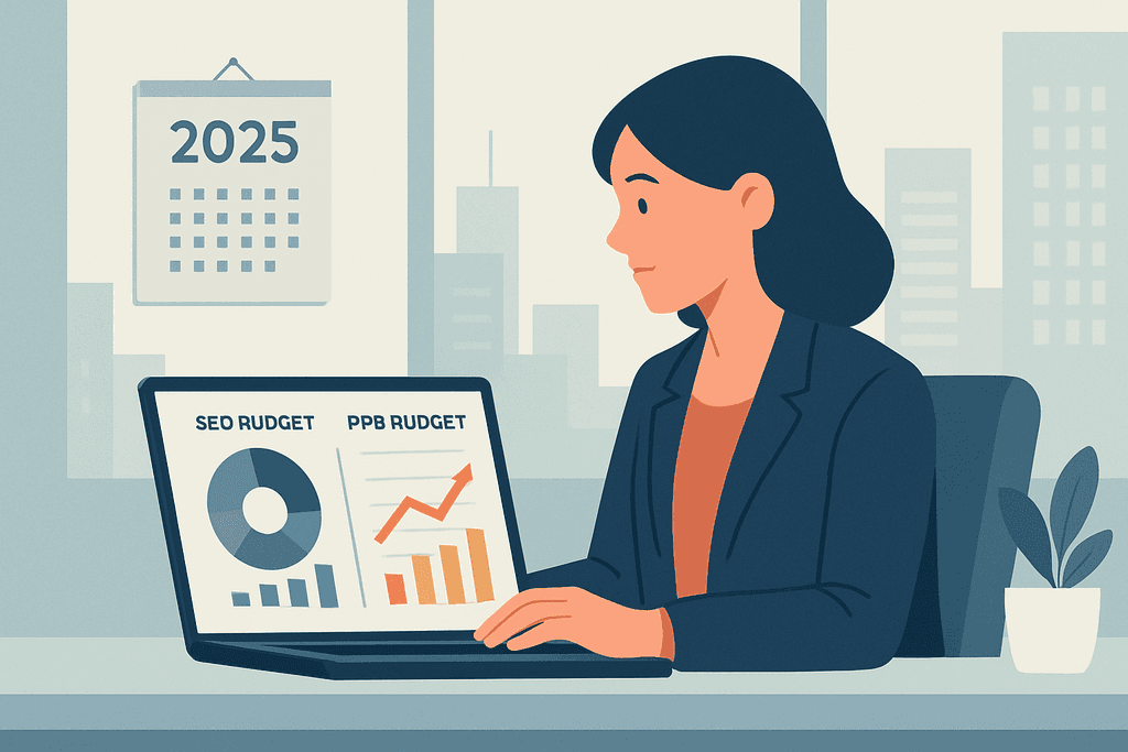 圖片展示一位專業女性在辦公室使用筆記型電腦，螢幕上顯示著SEO與PPB預算的數據圖表，背後的牆上掛著2025年的日曆，展現出人工智慧與網站經營的結合。