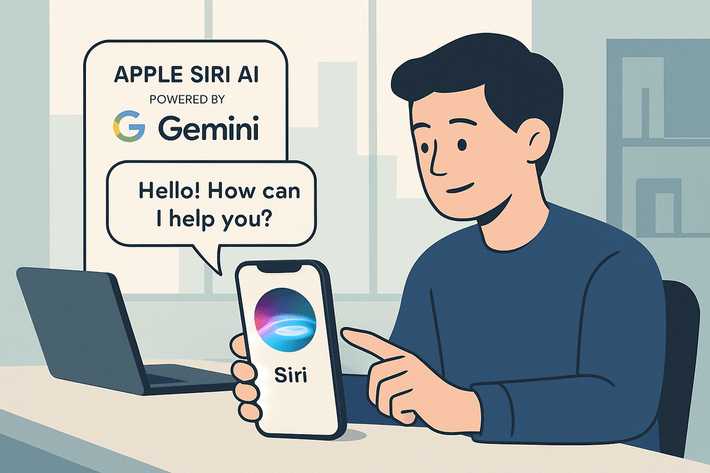 在辦公室中，一位男性使用手機上的Siri人工智慧助手，畫面顯示「Hello! How can I help you?」的對話框，展示了人工智能在日常生活中的應用和便捷。