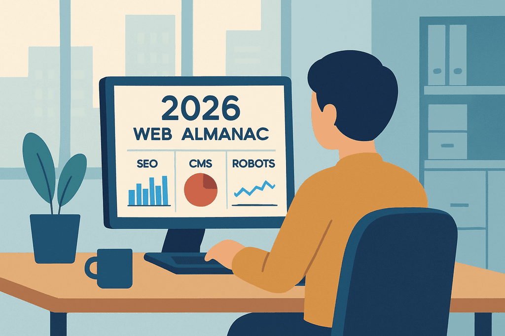 一位男性坐在辦公桌前，專注地看著電腦螢幕，上面顯示著2026年網站經營資料，涵蓋關於SEO、CMS和機器人等內容，周圍環境有綠色植物裝飾，展現現代辦公空間的氛圍。