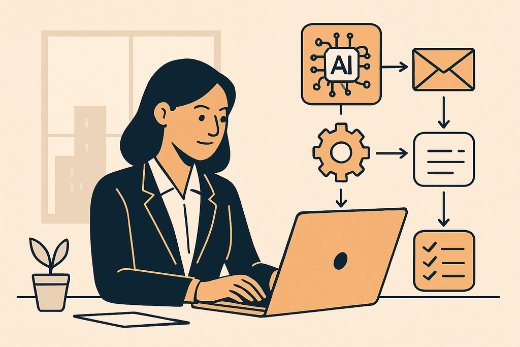 圖片展示一名女性正在使用筆記型電腦，與人工智慧相關的圖示浮現於前，顯示出網站經營與網頁設計中如何整合AI技術。背景有窗外城市景觀，讓畫面更具生活感。