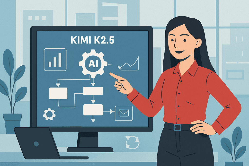 這張圖片展示一位女性專業人士，在電腦螢幕前向觀眾介紹人工智慧的應用，螢幕上顯示有關AI技術的流程圖和數據分析圖表，突顯網站經營和網站架設的關鍵流程。