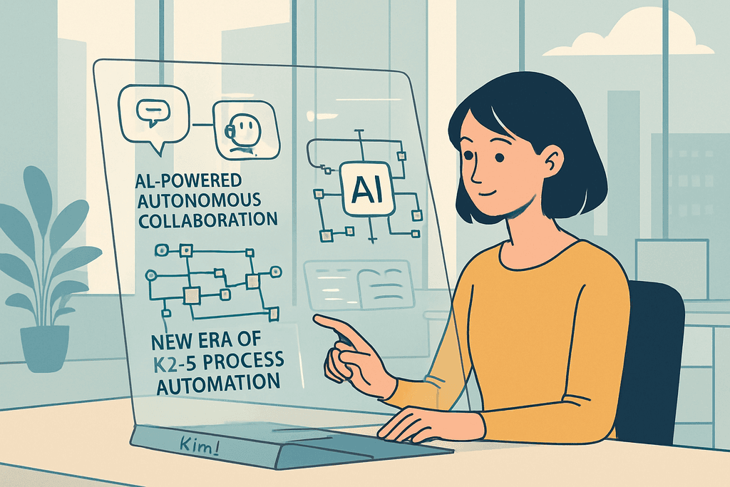 圖片中，一位女性正坐在辦公室裡，專注於她面前的螢幕，展示的是人工智慧（AI）驅動的自主協作與流程自動化。在螢幕上可以看到多個圖示，顯示出最新的工作流程和創新技術，背景為現代辦公室的窗景，讓人感受到科技的進步與工作氛圍。