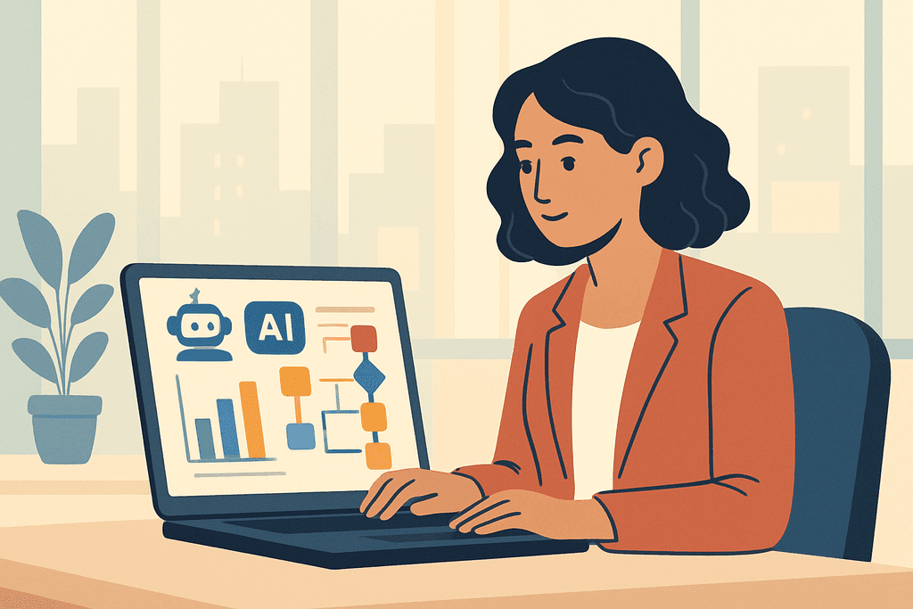 这张图片展示一位女性在办公室内使用电脑，她正在专注于分析显示在屏幕上的人工智能（AI）数据图表，旁边有观赏植物，充分体现了人工智能在网站经营与网页设计中的应用。