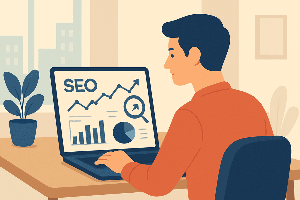 一名男性坐在桌前，專注地觀看電腦螢幕，螢幕上顯示有關人工智能及網站經營的SEO數據圖表，背景為明亮的辦公環境，桌上還有一盆綠色植物。
