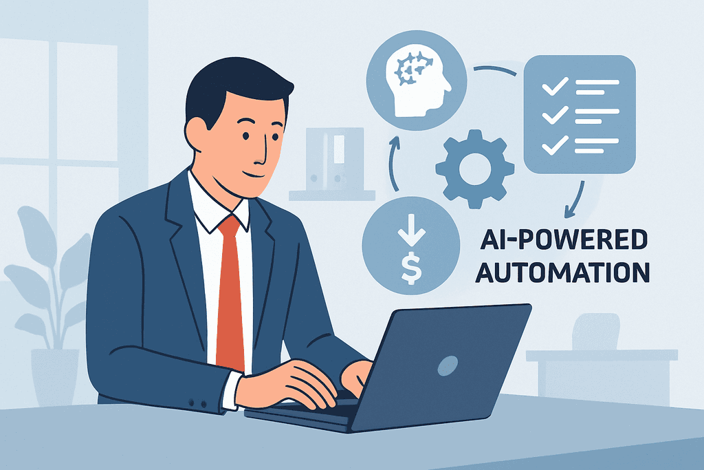 圖片顯示一名男性在現代化辦公室中使用筆記型電腦，周圍有與人工智慧（AI）相關的圖示，突顯出運用人工智能進行自動化的主題，背景中有植物和書架，場景顯得專業而有效率。