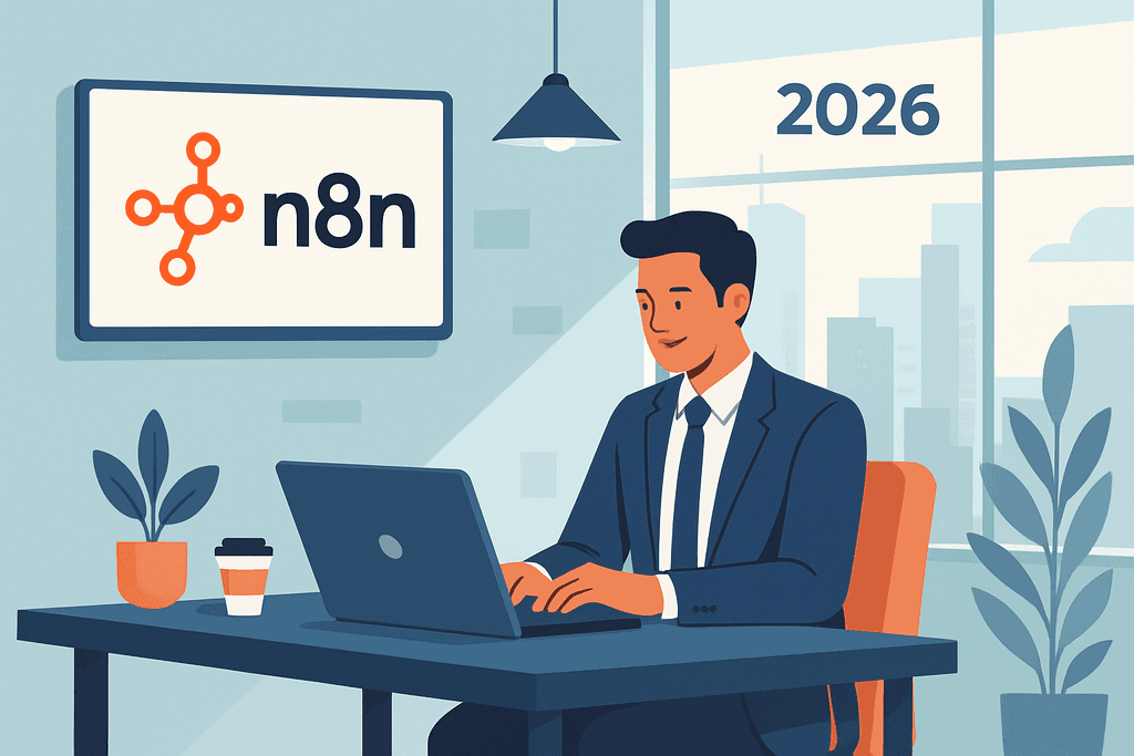 一名穿著西裝的男性坐在辦公室裡，專注地使用筆記型電腦，桌上有咖啡杯和盆栽，背景顯示「n8n」的標誌，並有2026年的年份，這場景突顯人工智慧與現代化網站經營的結合。