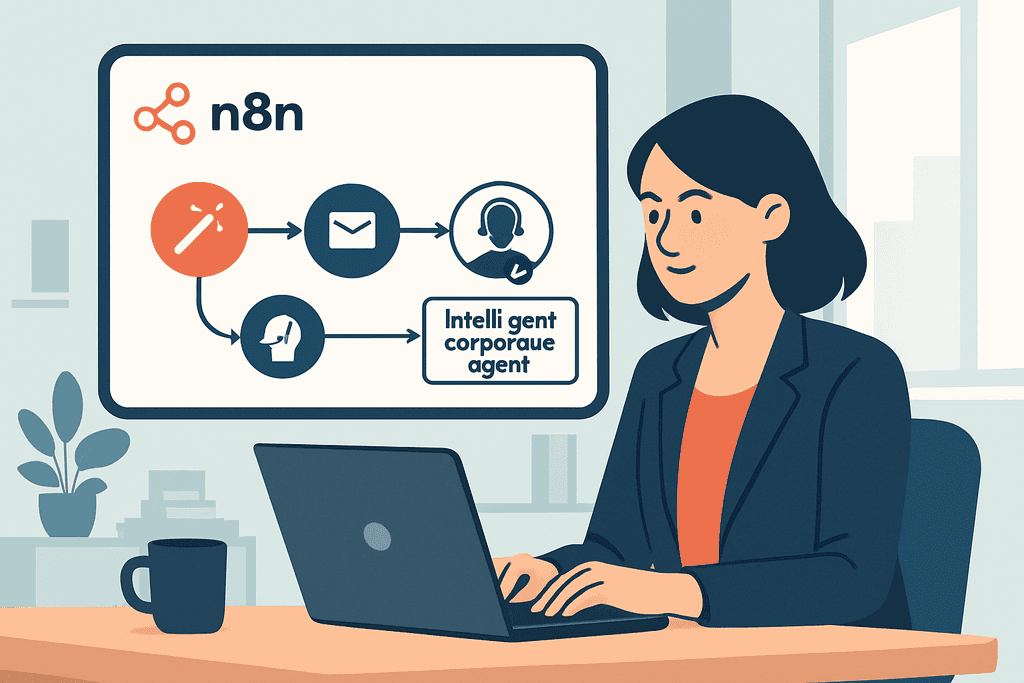 這張圖片展示了一位專業女性坐在辦公桌前，專注於電腦螢幕的工作場景。螢幕上顯示了一個包含人工智慧和自動化過程的工作流程圖，體現了網站經營與人工智能的結合。