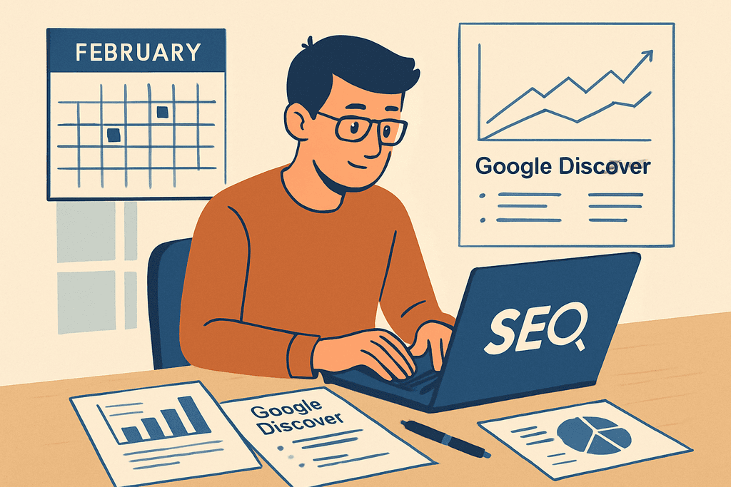 圖片中，一位男士正在使用筆記型電腦進行人工智慧（AI）和SEO優化的網站經營。他的桌面上擺放著關於Google Discover的文件以及一旁的日曆，顯示著二月份的安排。男士神情專注，畫面展現出現代網站架設與網頁設計的專業環境。