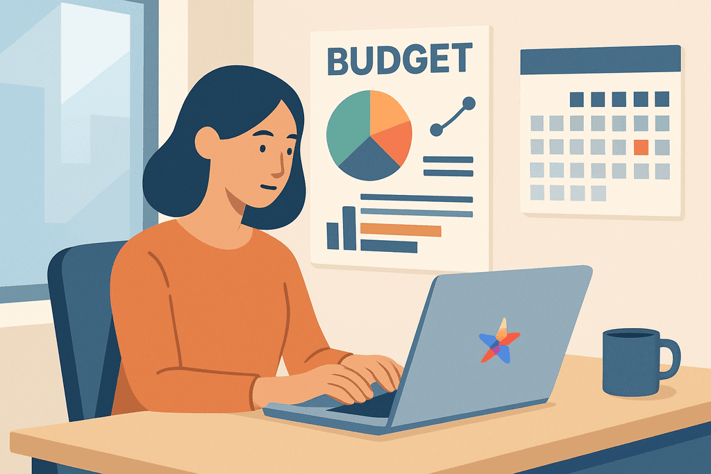 一名女性正坐在辦公桌前使用筆記型電腦，旁邊有一個標示「預算」的海報，上面顯示了圖表和數據，桌上還有一杯咖啡和一個日曆，場景展現出人工智能在網站經營中的應用。