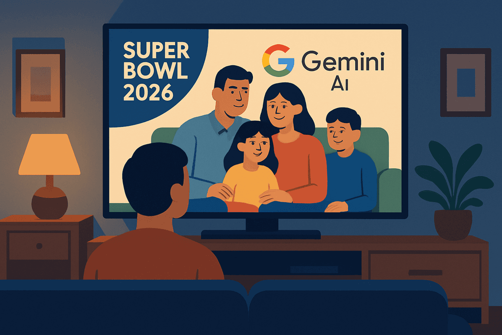 這張圖片展示了一家人在客廳裡觀看電視，螢幕上播放著關於 Gemini AI 的廣告，背景中有舒適的家居佈置，強調人工智能如何融入家庭生活，提升網站經營的便捷性。