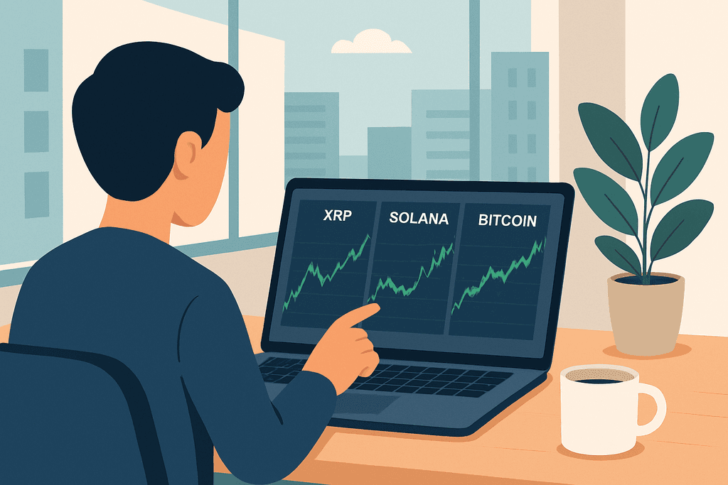 一名男性坐在桌前，專注於顯示加密貨幣走勢的筆記型電腦螢幕，螢幕上顯示XRP、Solana和Bitcoin的上漲趨勢，旁邊有盆栽與咖啡杯，顯示出舒適的工作環境，這樣的場景應用人工智慧輔助進行網站經營的決策。