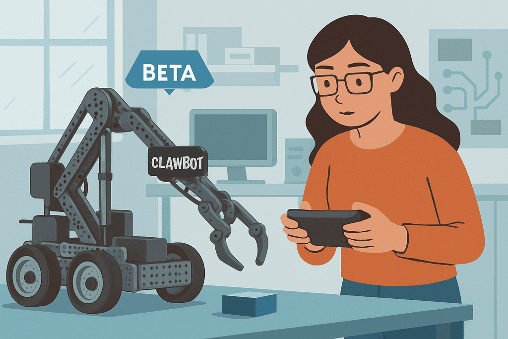 圖中的女性正在操控一台名為Clawbot的機器人，這台機器人代表著人工智慧的進步。在一個充滿科技感的環境中，女性專注於手中的控制器，展示了人工智能在設計和網站經營中的潛力。