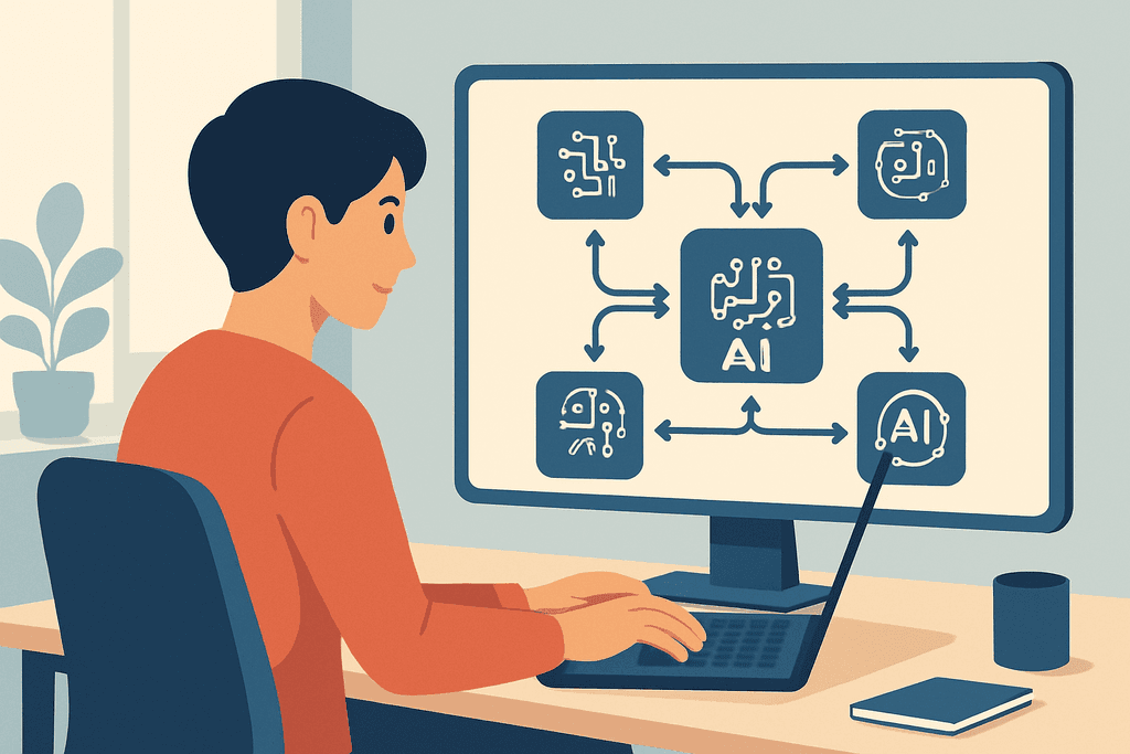 一名年輕男性坐在桌前，專注於筆記型電腦螢幕，展示多個與人工智慧相關的圖示，顯示人工智能在網站經營與架設中的應用，背景為明亮的辦公室環境，桌面上擺放著筆記本和杯子。