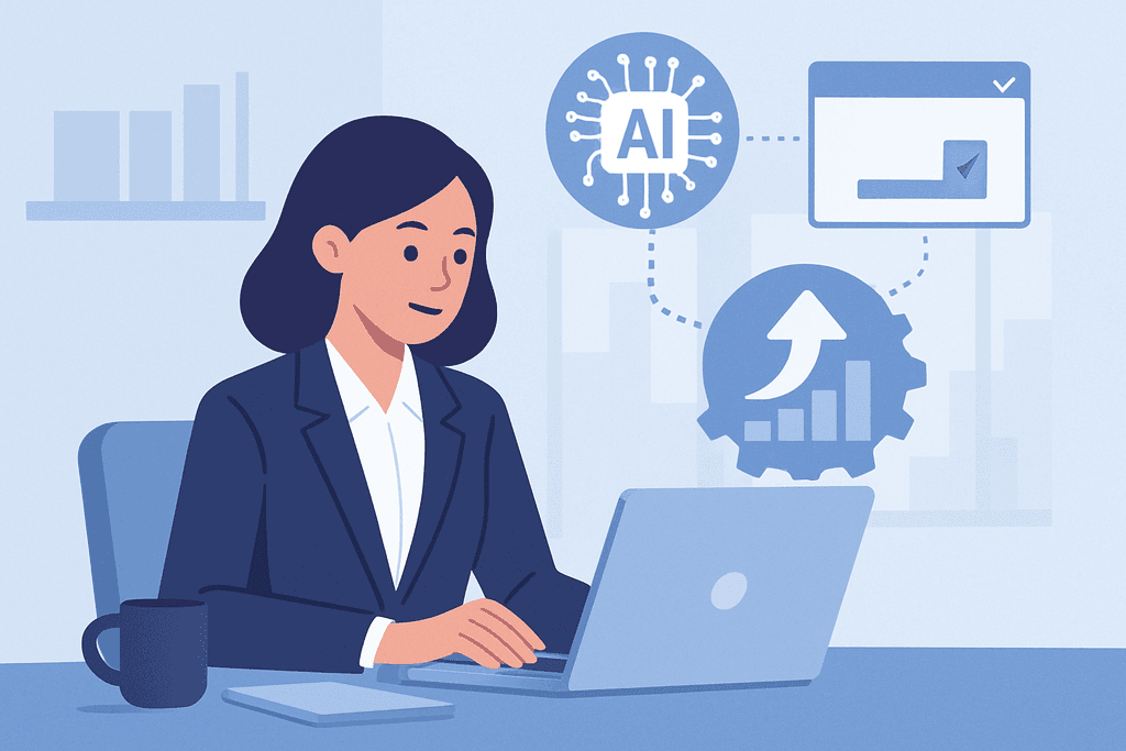這張圖片展示一位女性專注於電腦螢幕，背景中有代表人工智慧的圖形、上升的數據圖表以及網頁設計的元素，強調人工智能在網站經營中的應用。
