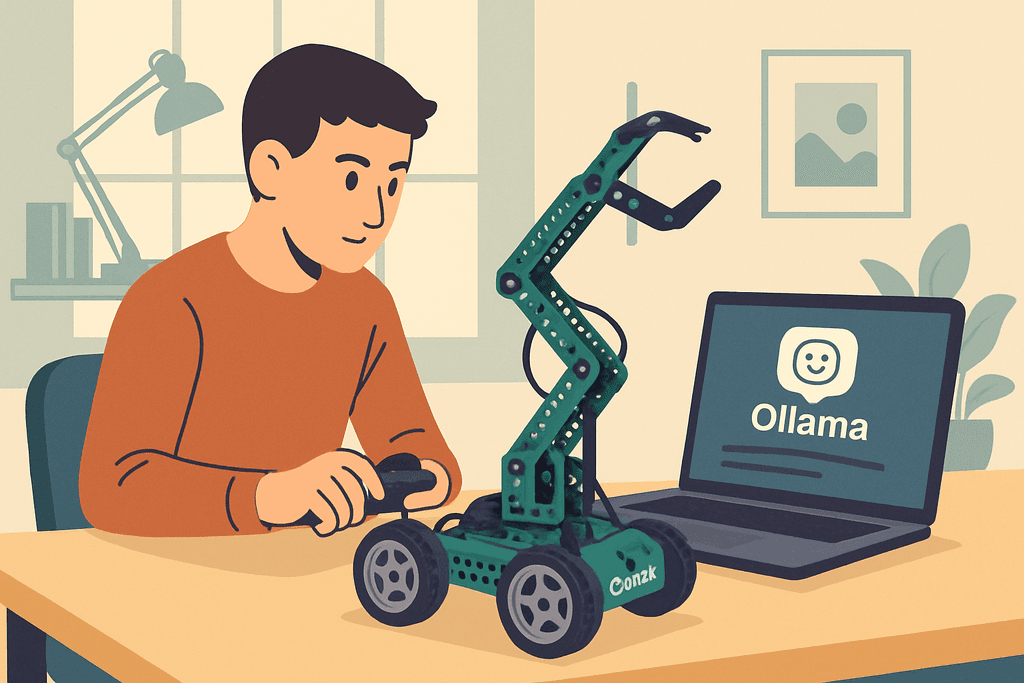 圖片中，一位年輕人在桌上操作著一台小型機器人，螢幕上顯示著"Ollama"的網頁，這樣的情境展現了人工智慧在網站經營與人工智能技術的應用。