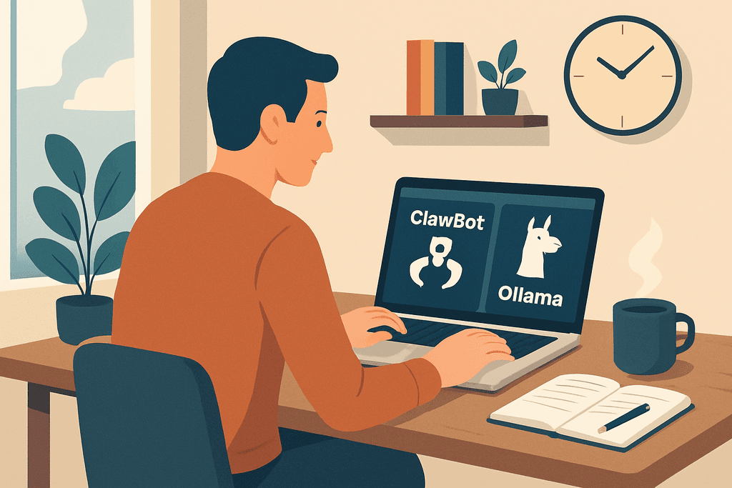 一位男子坐在桌前，正在使用筆記型電腦進行網站設計，畫面顯示的是兩個人工智能工具ClawBot和Ollama，桌上還有一杯熱飲和一本筆記本，透過窗外的自然光照亮了這個舒適的工作空間。