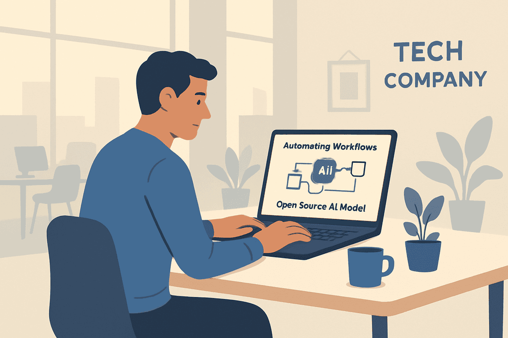 一位男士坐在辦公室中，專注於電腦螢幕，螢幕上顯示著關於人工智慧和自動化工作流程的資訊，窗外可以看到市區的景色，情境展現了現代科技公司的氛圍。