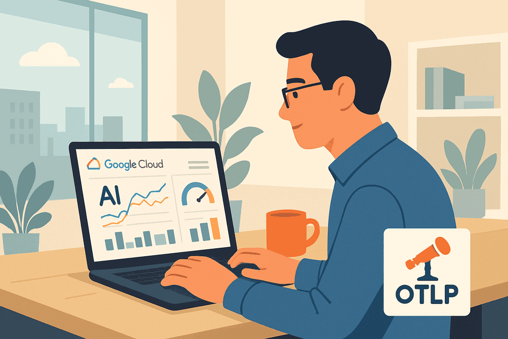 一名男子坐在桌子前，專注地使用筆記型電腦查看Google Cloud上的AI數據儀表板，螢幕上顯示各種圖表和指標，周圍環境光線明亮，背景有植物和窗戶，展現現代工作的氛圍。